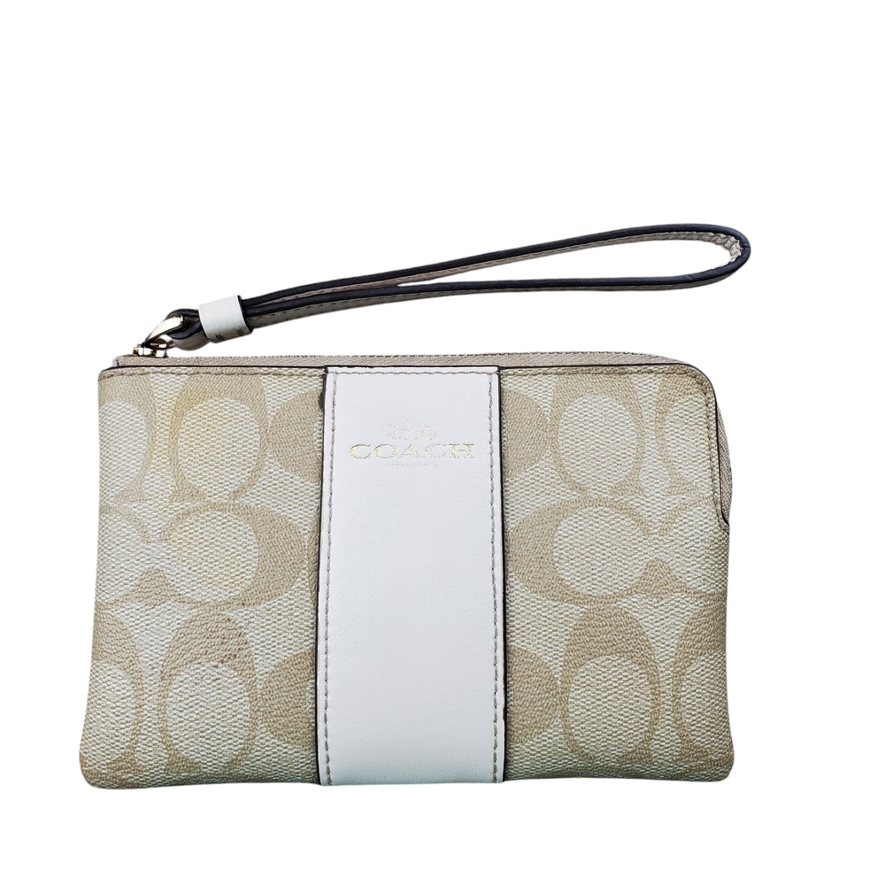 COACH Signature Wristlet Zip Wallet Ivory Beige Canvas Leather Trim